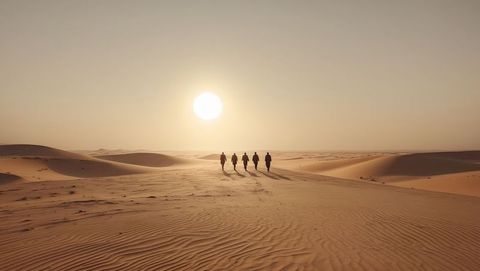 Travelers exploring desert dunes at sunset with long shadows, exodus journey
