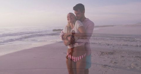 Embracing Couple at Sunset Beach with Pastel Sky