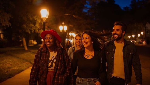 Friends walking at night under warm streetlights laughing and smiling on campus path