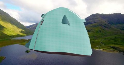 Futuristic floating teal shelter hovering over alpine lake, minimalist tent structure