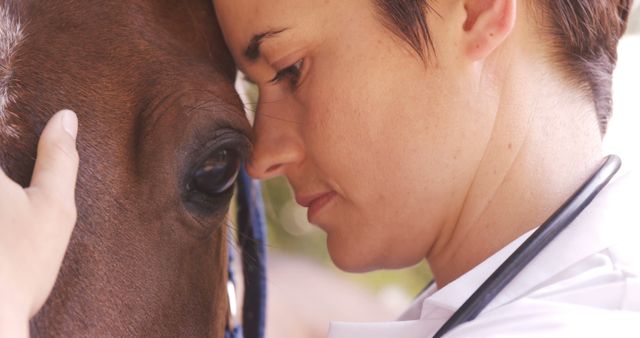 Shows a close-up of a veterinarian tenderly interacting with a horse, emphasizing a strong human-animal connection. Useful for veterinary services promotions, animal care awareness campaigns, and equine therapy programs.