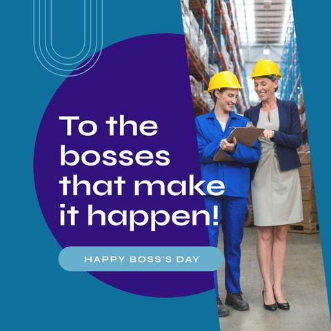 celebratory boss's day graphic featuring women in warehouse - Download Free Stock Templates Pikwizard.com