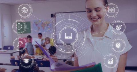 Female teacher leading digital classroom while reading student work with interactive learning icons