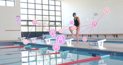 Competitive swimmer preparing on block with social network overlay and reflections