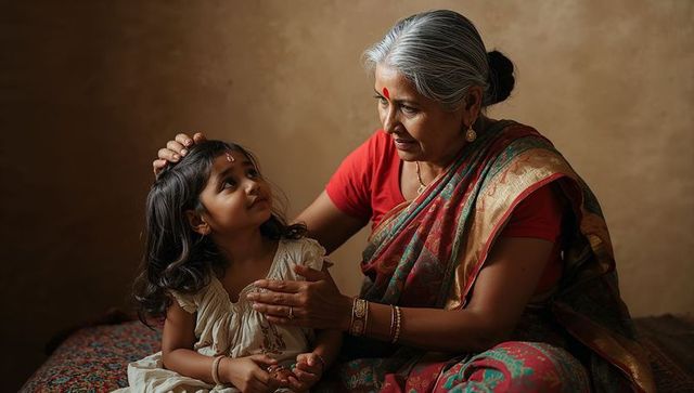 Indian grandmother gently blessing granddaughter while wearing traditional sari at home