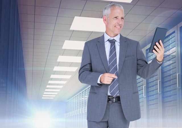 Businessman in a suit smiling while holding a digital tablet in a modern server room. Ideal for use in corporate presentations, IT services marketing, technology blogs, and articles about digital transformation and data management.