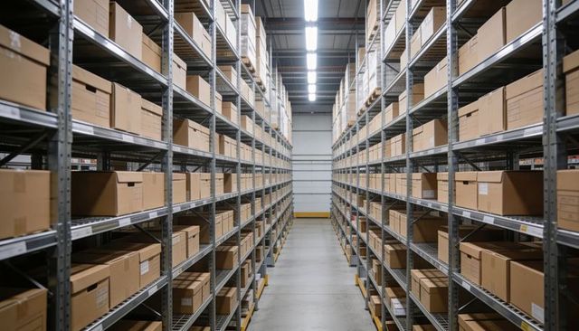 Organized warehouse aisle with metal shelving and labeled cardboard boxes for logistics center