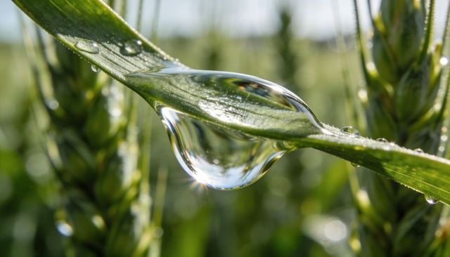 Macro dewdrop on green wheat leaf refracting cereal stalks and sparkling morning light
