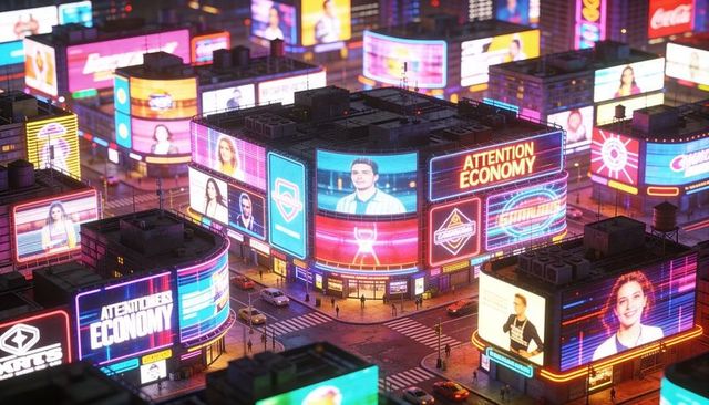 Neon-lit urban intersection displaying attention economy billboards and crowds at night