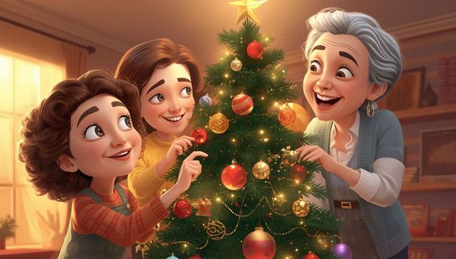 Family Enjoying Cozy Christmas Tree Decorating Together