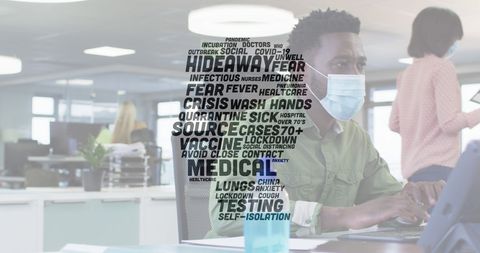 Office worker wearing face mask with covid-19 words floating