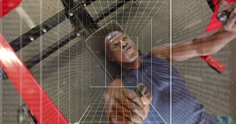 Man pressing barbell on bench, training with wireframe overlay, gym strength performance