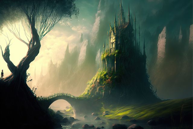 Perfect for use in fantasy book covers, mystical themed posters, online games, and role-playing game environments. Capture the imagination with this serene and magical landscape, featuring an enchanted castle, a whimsical bridge, and lush, mystical surroundings.