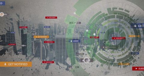 Futuristic green interface over urban skyline with digital tags