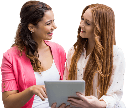 Transparent background displaying businesswomen collaborating with tablet