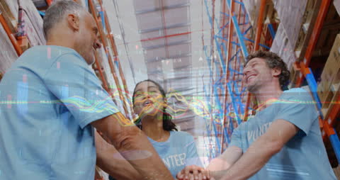 Team of Warehouse Volunteers Collaborating with Data Overlay