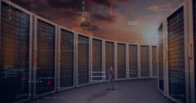 Businessman stands in a circular futuristic data center surrounded by servers and overlapping code. Perfect for illustrating concepts of data analysis, information technology advancement, cybersecurity, and cloud infrastructure. Ideal for use in tech industry reports, promotional material, and corporate websites focusing on digital transformation and IT solutions.