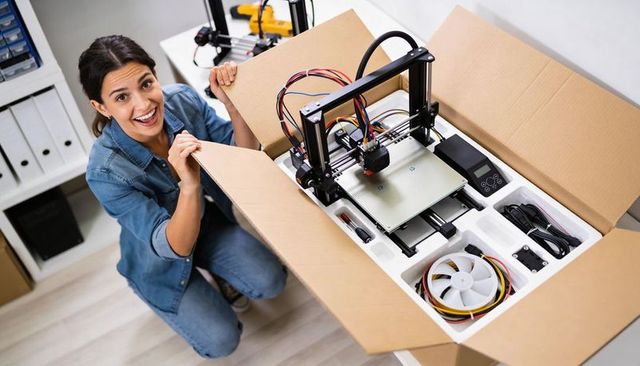 Smiling woman unboxing 3d printer in home workshop preparing desktop printer for setup