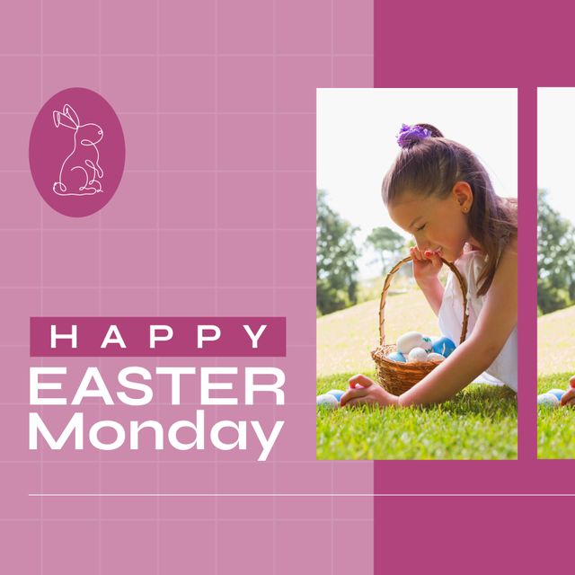 Composition of happy easter monday text over caucasian girl hunting easter eggs. Easter monday and celebration concept digitally generated image.