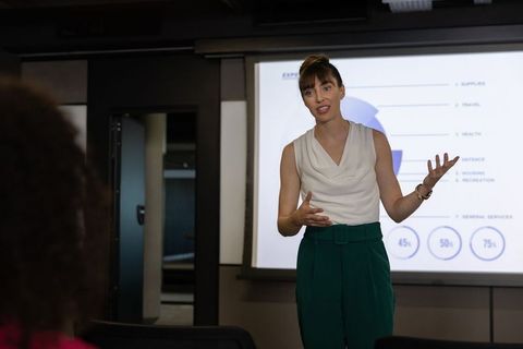 Woman presenting to team with illustrative pie chart projections