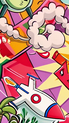 Vertical mural video showing colorful rocket, clock, smoke rings and Click graffiti