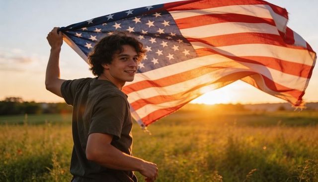 Young man waving american flag at golden hour in meadow, patriotic sunset scene