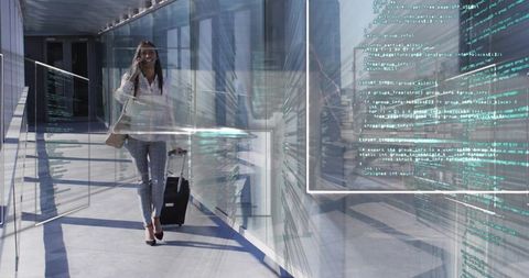 Professional Businesswoman Walking with Suitcase in Futuristic Corridor