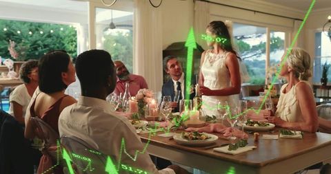 Bride toasting at candlelit reception with rising financial chart overlaying intimate dinner