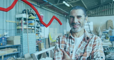 Smiling Carpenter Reflecting on Business Analytics in Workshop