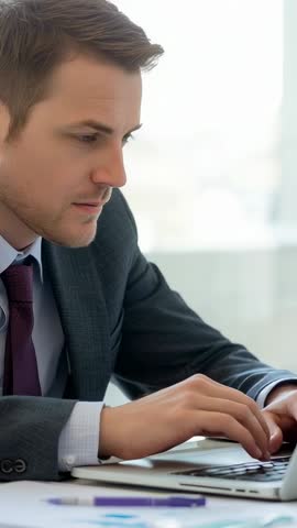 Leaning executive typing on laptop at office desk composing email, vertical corporate video