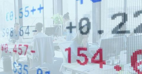 Financial data overlay with office team collaboration