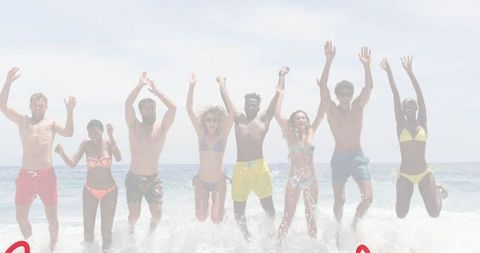 Joyful Group of Friends Jumping at Sunny Beach with Red Heart Illustrations - Download Free Stock Images Pikwizard.com