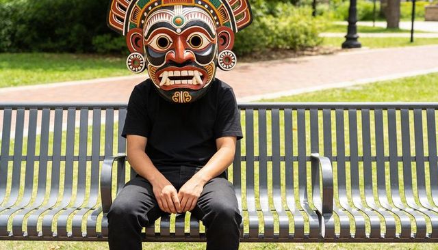 Solitary figure wearing ornate colorful ceremonial mask sitting on metal park bench