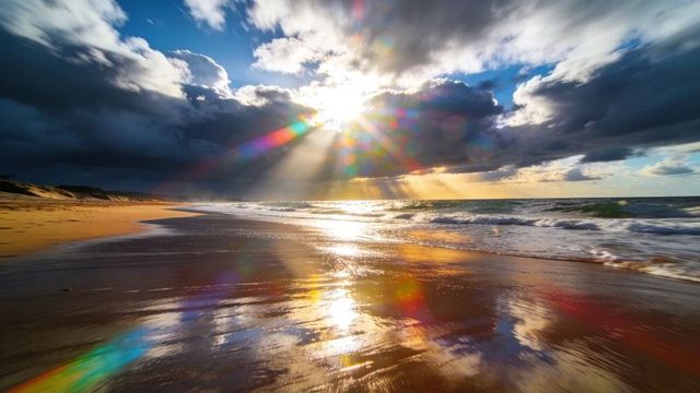 Dramatic sun rays breaking through storm clouds over reflective wet sand beach at sunset