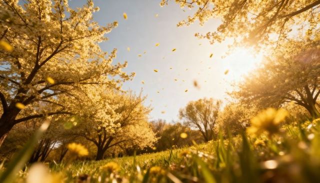 Golden-hour blossom grove dispersing petals over dandelion meadow, spring sunlight