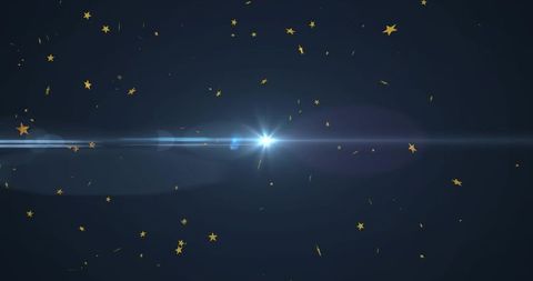 White-blue flare radiating lens streaks with gold star confetti on deep navy
