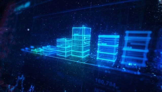 Futuristic Holographic 3D Bar Chart in Virtual Interface