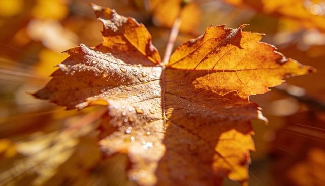 Backlit dewy orange maple leaf macro closeup, radiant sunlight and bokeh, autumn woodland