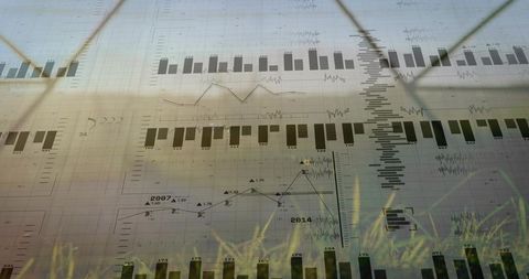 Blending financial charts with grass overlay, abstract analytics and office-field collage