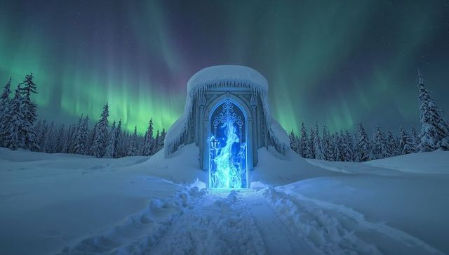 Mystical glowing portal in wintery northern landscape with aurora