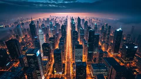 Panoramic View of Glowing City Skyline at Twilight