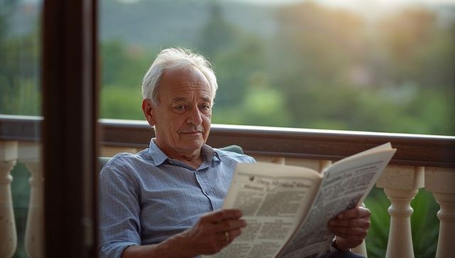 Senior man reading newspaper on sunny balcony relaxing at home during morning routine