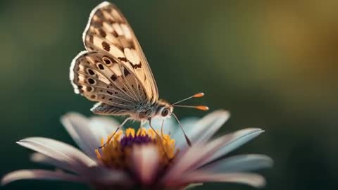 Patterned butterfly feeding on daisy in macro video with soft bokeh meadow background
