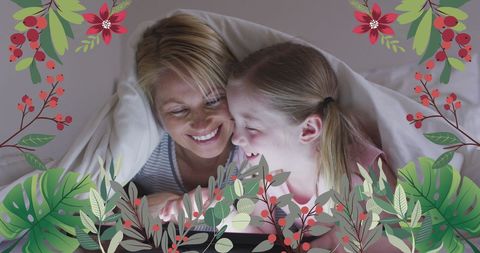 Mother and Daughter Bonding in Bed with Floral Overlay