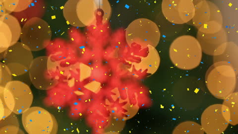 Festive Red Snowflake Ornament with Falling Confetti
