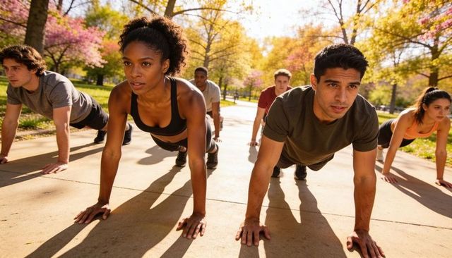Outdoor bootcamp training: diverse group doing push-ups on sunlit park pathway