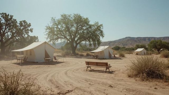Desert Camp with Canvas Tents and Shady Oasis