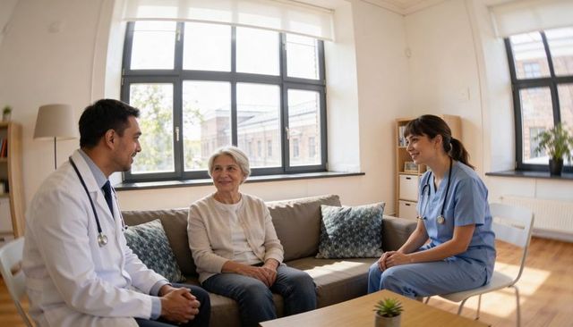 Senior woman receiving in-home consultation by doctor and nurse in sunlit living room