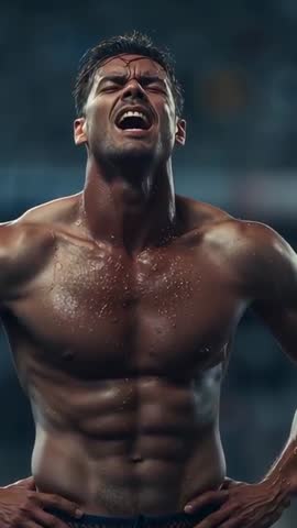 Vertical video Shouting shirtless athlete gasping after bell in arena with sweating muscular torso