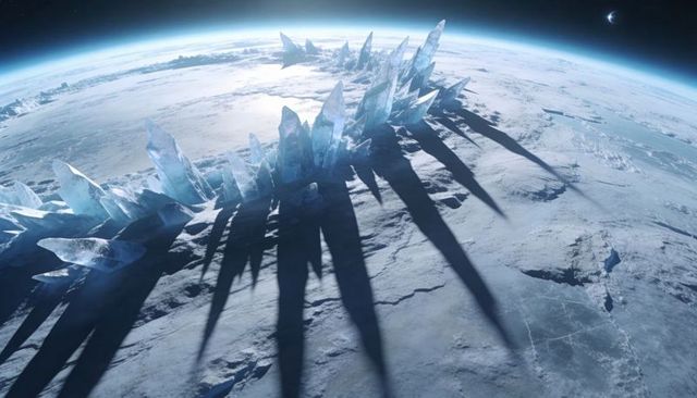 Rising crystal spires across frozen planetary plain casting long backlit shadows on alien ice world